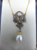 A necklace set with diamonds and pearls, on 9ct yellow gold chain, boxed