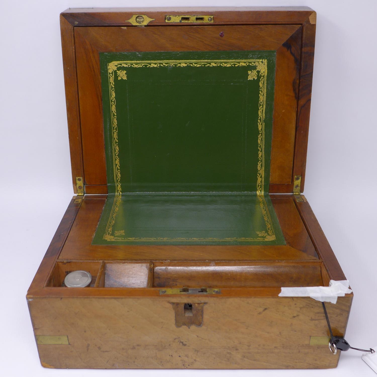 A Victorian walnut writing slope with fitted interior, H.14 W.30 D.23cm - Image 3 of 4