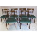 A set of 6 Regency style mahogany dining chairs, to include 2 carvers, newly upholstered with blue