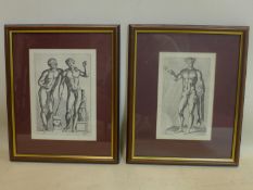 A pair of engravings of classical nude figures, initalled F.B, 24 x 15cm