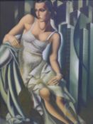 An Art Deco style oil on canvas of a lady in a dress, 100 x 74cm