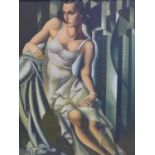 An Art Deco style oil on canvas of a lady in a dress, 100 x 74cm