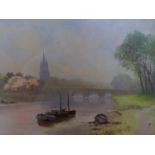 20th century British school, View of a River with bridge and church spire to background, oil on