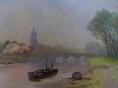 20th century British school, View of a River with bridge and church spire to background, oil on