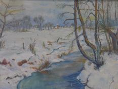 20th century Continental school, Stream in Winter Landscape, oil on board, unsigned, 58 x 74cm