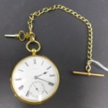 An 18ct yellow gold open face pocket watch, the white enamel dial with Roman numerals, seconds