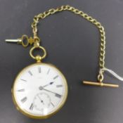 An 18ct yellow gold open face pocket watch, the white enamel dial with Roman numerals, seconds