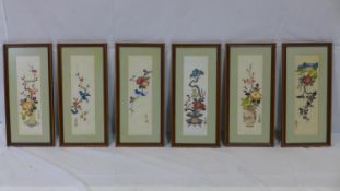 A set of six Chinese paintings on textile of flowers and birds, each signed and with red seal