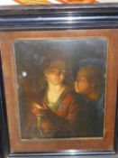 A 19th century study of a man and woman by candle light, oil on metal panel, in ebonized frame, 20 x