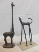 Two sculptures, to include a moulded dog, H.33cm, and a cast metal giraffe, H.48cm