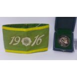An embroidered 1916 rising armband together with a Michael Collins badge in box