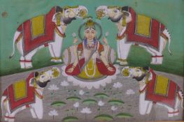 A 17th/18th century Rajput gouache painting of 4 elephants pouring water on Laksmi, 19 x 27cm