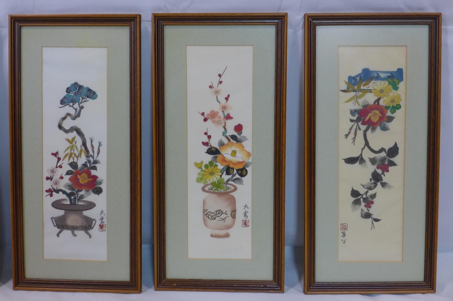 A set of six Chinese paintings on textile of flowers and birds, each signed and with red seal - Image 3 of 3