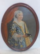 A large Victorian full length portrait of a lady, oil on canvas feigned to oval, 110 x 81cm