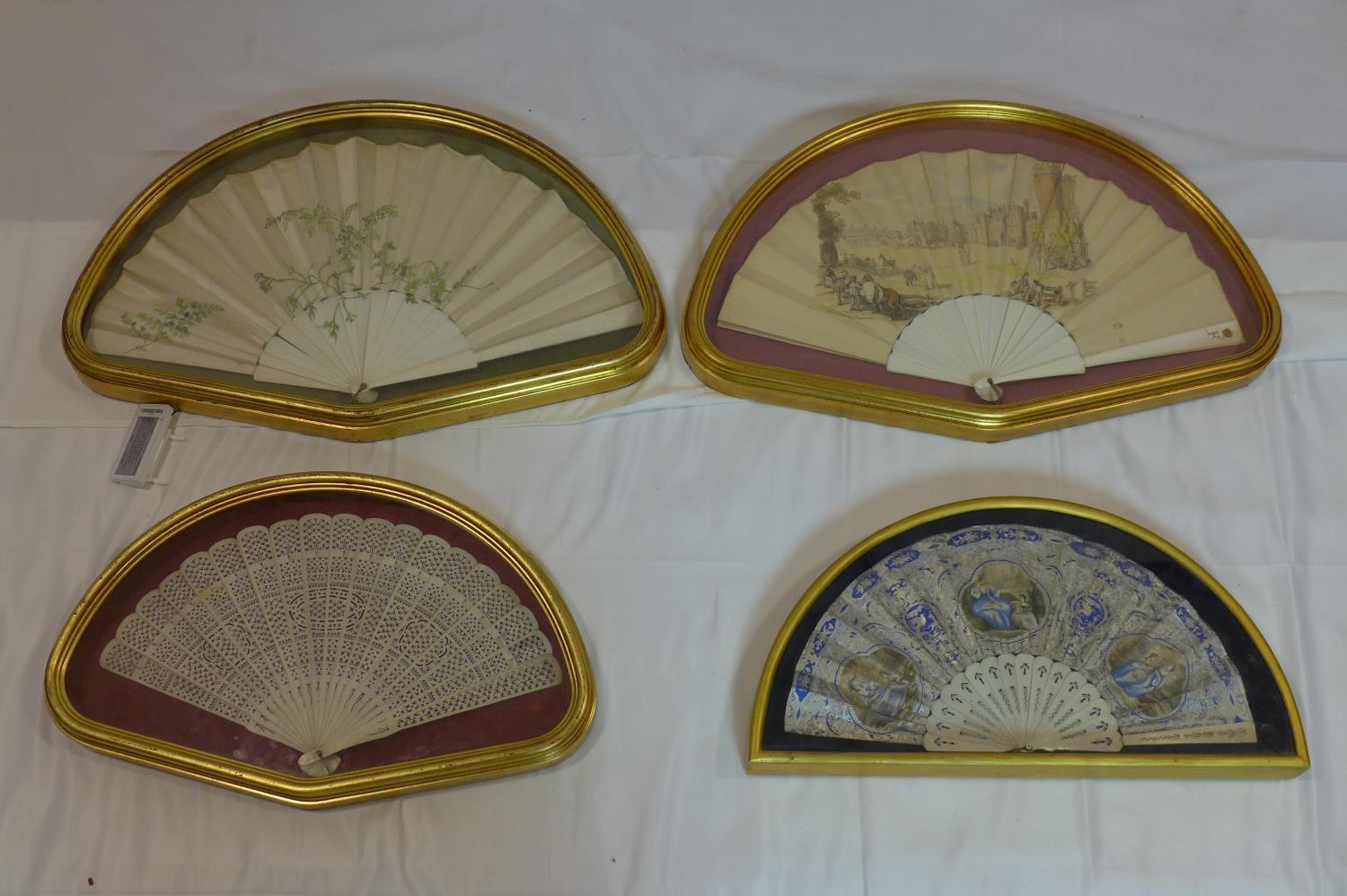 Four antique hand painted fans to include After Rowland example with painted 'F' and crown to