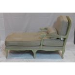 A 20th century grey painted chaise longue, with double caning to back and scroll arms, raised on