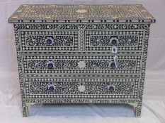 A modern bone inlaid ebony chest of 2 short over 2 long drawers, raised on square feet, H.88 W.107