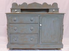 An early 20th century blue painted pine kitchen cabinet, H.110 W.122 D.49cm