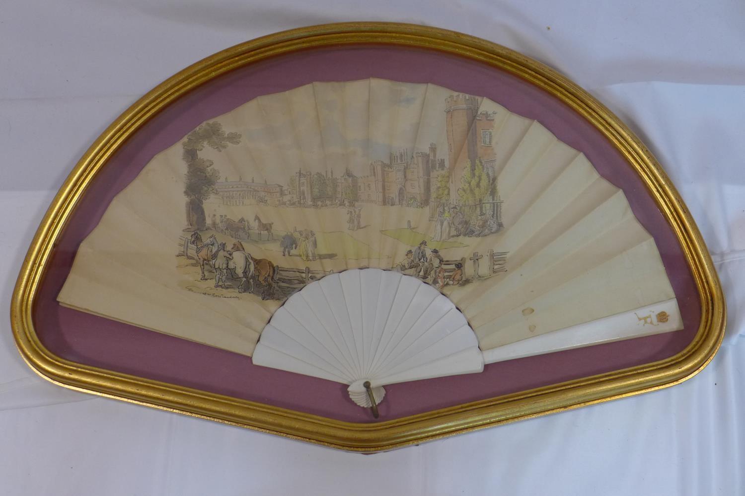 Four antique hand painted fans to include After Rowland example with painted 'F' and crown to - Image 3 of 6