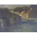 20th century Continental school, Bridge over a river with village to background, oil on board,