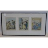 Three 18th century hand coloured engravings by Cruikshank after Woodward, framed and glazed as one