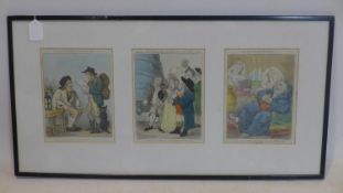 Three 18th century hand coloured engravings by Cruikshank after Woodward, framed and glazed as one