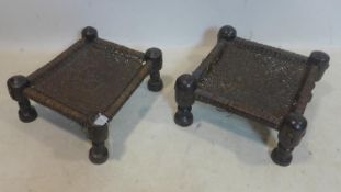 A pair of Anglo-Indian pegged hardwood stools, 21 W.42 D.42cm