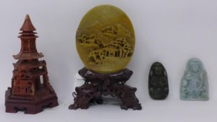 A collection of Chinese items to include 2 jade carvings and 2 soapstone carvings