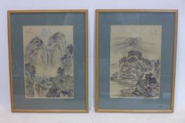 A pair of 20th century Chinese watercolours on silk, mountain scenes, signed, 31 x 21cm