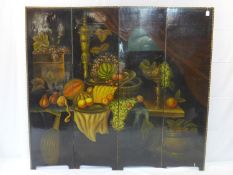 A late 19th century four panel folding room screen, hand-painted with a table of fruit and wine,