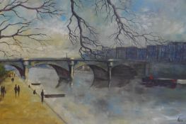 A 20th century oil on board, bridge over river, signed Klee, 49 x 72cm