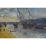 A 20th century oil on board, bridge over river, signed Klee, 49 x 72cm