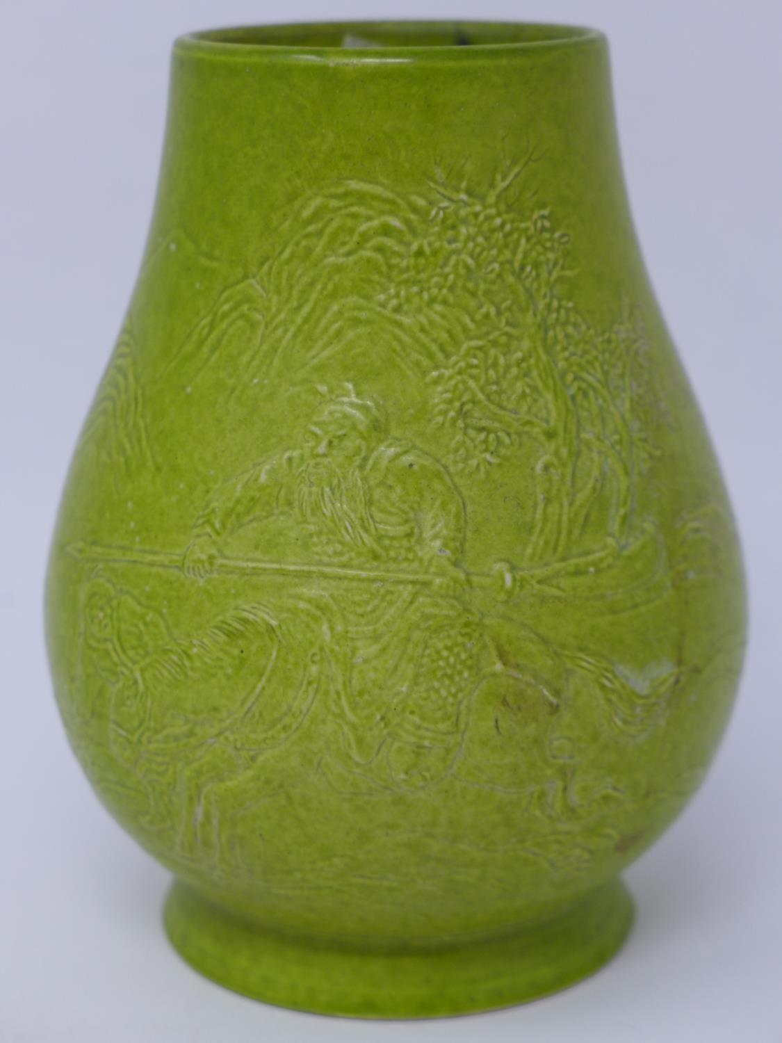 A Chinese green glazed vase, with incised character marks to body and four incised character marks - Image 2 of 3