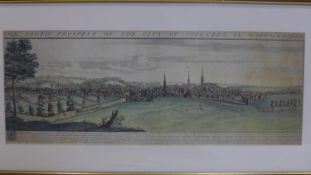 An 18th century hand coloured engraving titled 'The South Prospect of the City of Coventry,