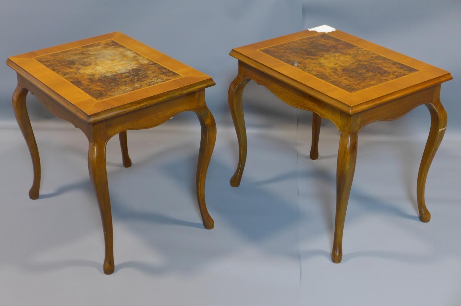 A pair of walnut lamp tables, H.52 W.55 D.40cm