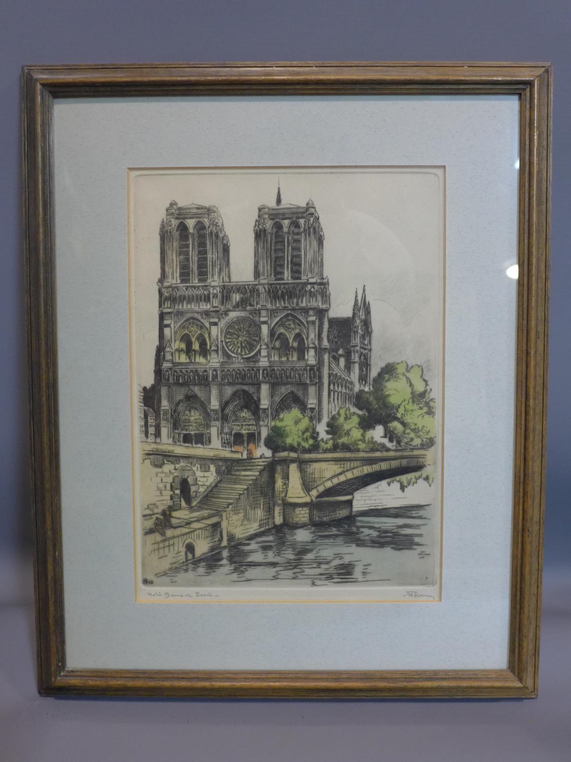 An etching of Notre Dame Cathedral, Paris, signed and titled in pencil to lower margin, framed and - Image 2 of 4