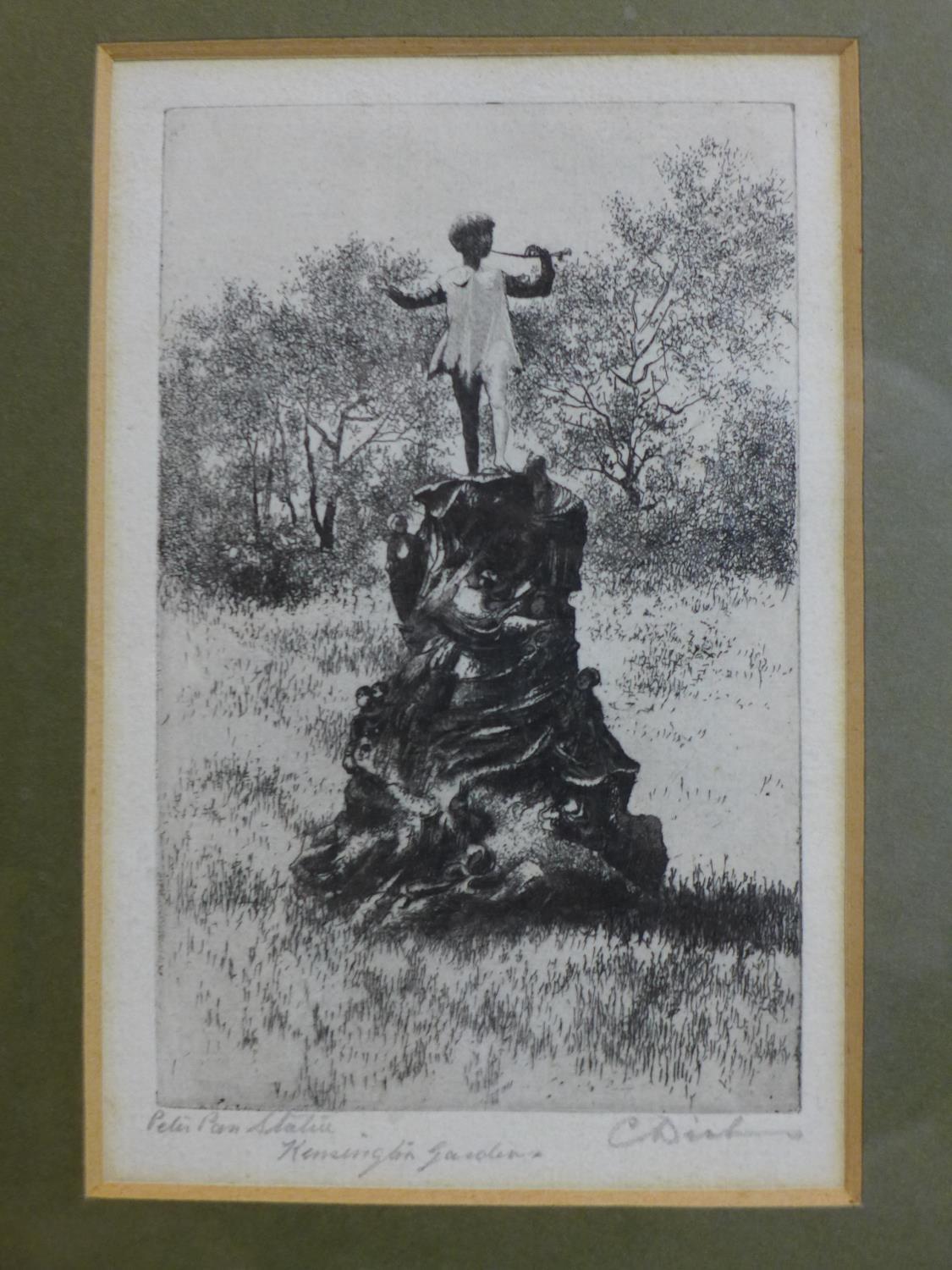 Three signed prints to include an early 20th century etching of the peter pan statue signed C. - Image 2 of 4