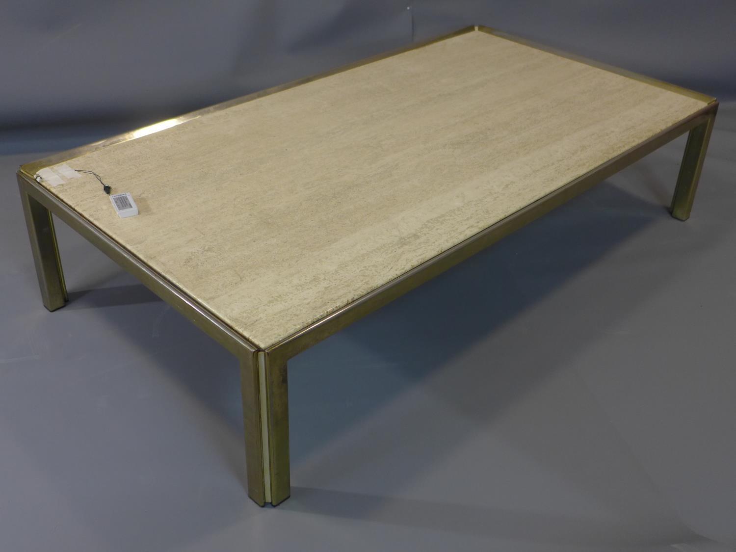 A 20th century brass coffee table with limestone top, reportedly from Harrods, H.32 W.142 D.75cm - Image 2 of 5