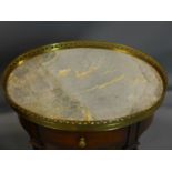 A French antique style mahogany and gilt mounted side table or jardiniere stand with oval marble