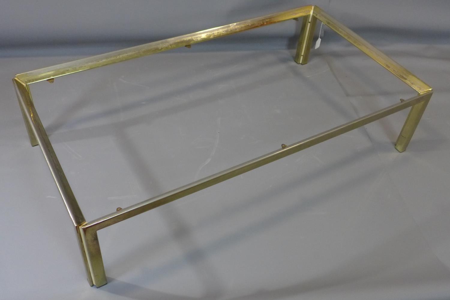 A 20th century brass coffee table with limestone top, reportedly from Harrods, H.32 W.142 D.75cm - Image 4 of 5