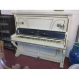 A Bluthner Leipzig white upright piano, with twin brass sconces, H.143 W.163 D.71cm