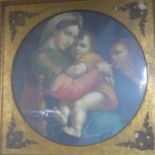 A print of a Renaissance painting of the Mother of God and Child, in large giltwood frame, some loss