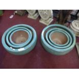 Two sets of three teal glazed pots, H.22cm Diameter 42cm (largest) (6)