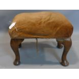 A Georgian style mahogany stool, with velour upholstery, on cabriole legs, H.33 W.42 D.32cm