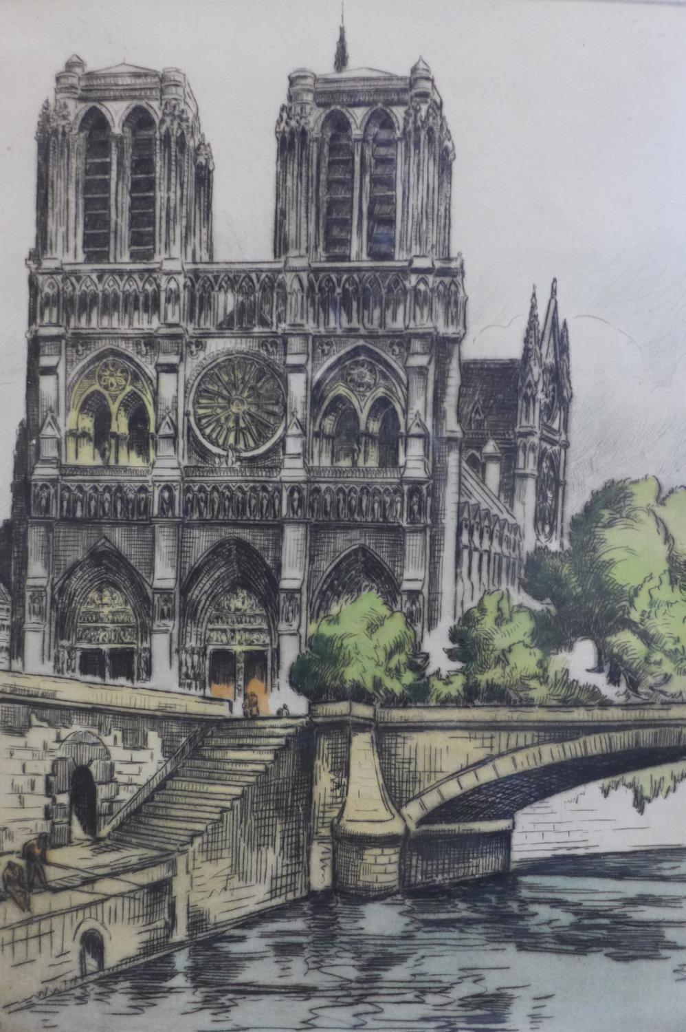 An etching of Notre Dame Cathedral, Paris, signed and titled in pencil to lower margin, framed and