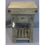 A contemporary butcher's block, square top above 1 short drawer flanked by hook and bottle opener,