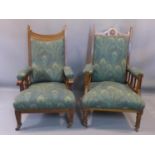 Two Art Nouveau oak armchairs with peacock design upholstered seats