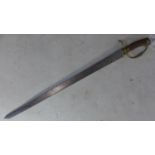 An 18th century English hanger sword, with brass and horn handle, the 60cm blade engraved with