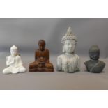 Two busts of Buddha, together with two figures of a seated Buddha, largest H.28cm (4)