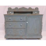 An early 20th century blue painted pine kitchen cabinet, H.110 W.122 D.49cm